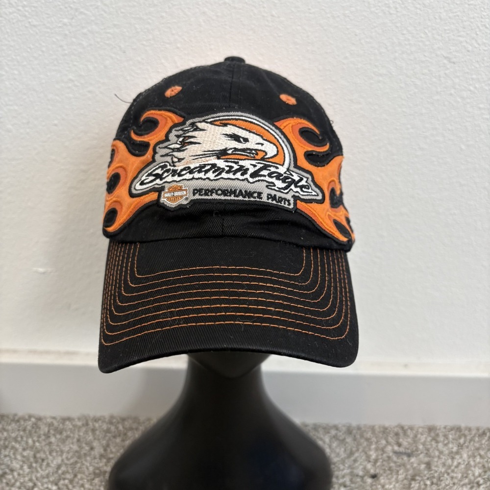 Harley Davidson Motorcycles Screamin Eagle Flame Hat Black Orange Cap Adjustable